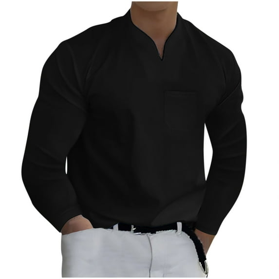 JINMGG Mens Tops Clearance under $5,Men Casual Solid Sports Long-sleeved V-neck Fitness Training Clothes T-Shirt Top,Black L