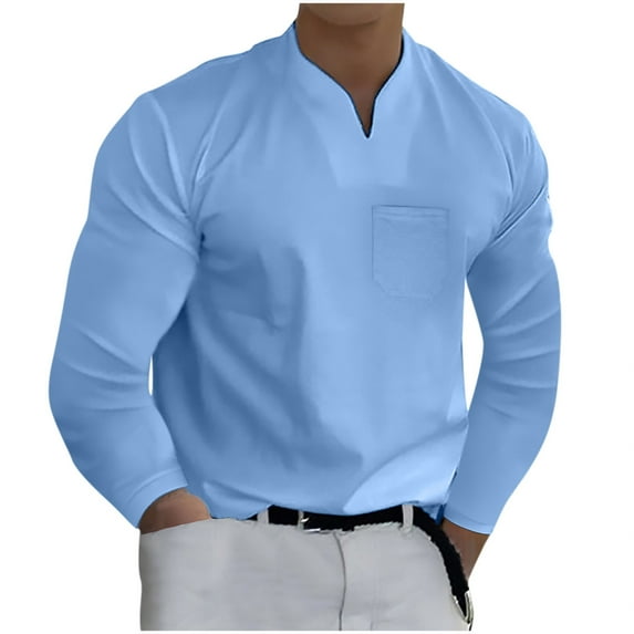 JINMGG Mens Tops Clearance under $5,Men Casual Solid Sports Long-sleeved V-neck Fitness Training Clothes T-Shirt Top,Blue S
