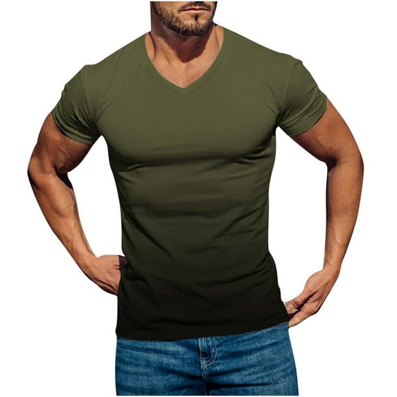 JINMGG Mens Tops under $5,Men Casual V-neck Gradient Printing Pullover Fitness Sports Shorts Sleeves T Shirt Blouse Army Green XL