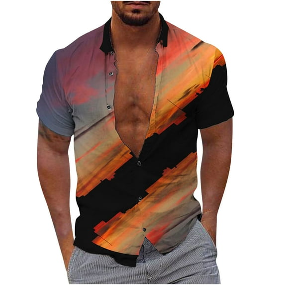 JINMGG Mens Tops under $5,Men Fashion Casual Buttons Hawaii Printing Turndown Short Sleeve Shirt Blouse Orange L