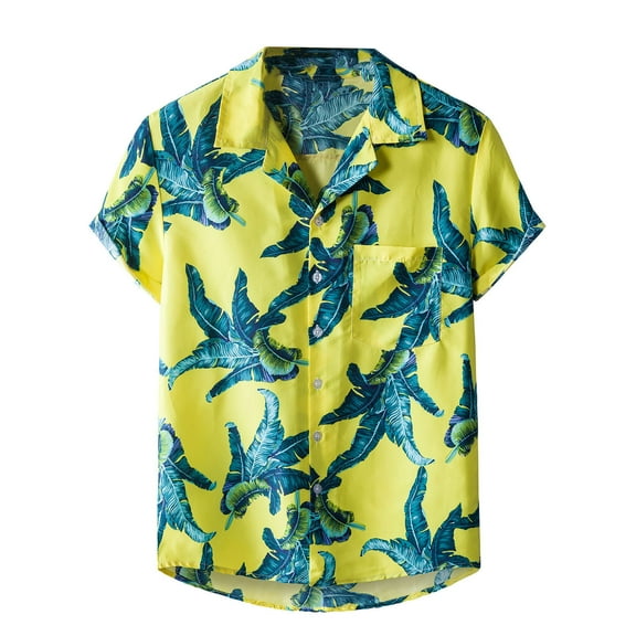 JINMGG Mens Tops Clearance under $5,Men Hawaiian Short Sleeve Beach Shirt Printed Summer Casual Button Turn-down Collar Shirts