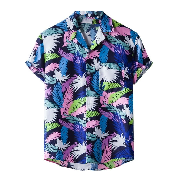 JINMGG Mens Tops Clearance under $5,Men Hawaiian Short Sleeve Beach Shirt Printed Summer Casual Button Turn-down Collar Shirts