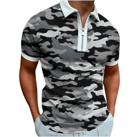JINMGG Mens Tops under $5,Men's 3D Printed Lapel Half Zip Pullover Athleisure Short Sleeve T-Shirt,Camouflage XXL