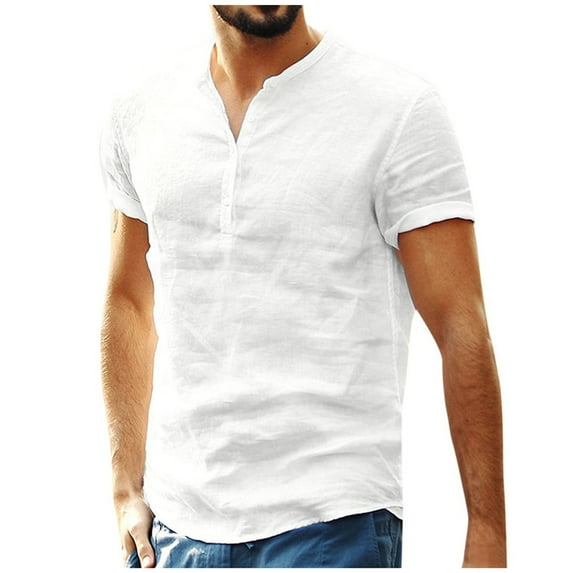 JINMGG Mens Tops under $5,Men's Baggy Cotton and Linen Solid Short Sleeve V-Neck T-Shirts Tops Blouse,White M