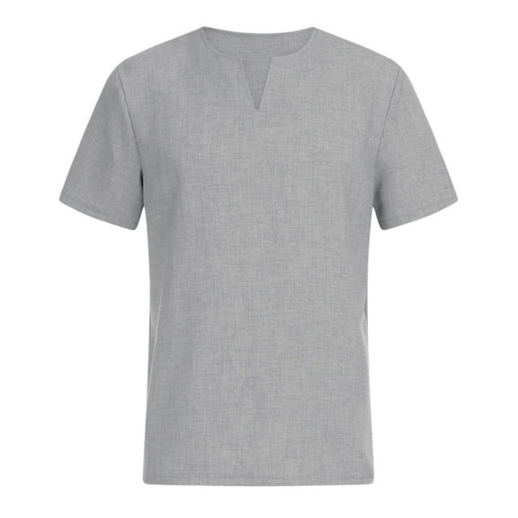 JINMGG Mens Tops under $5,Men's Fashion V-neck Solid Color Cotton and Linen Short Sleeve T-Shirt Tops,Gray M