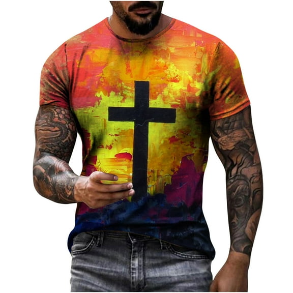 JINMGG Mens Tops under $5,Men's Unisex Daily T Shirt 3D Print Graphic Prints Cross Print Short Sleeve Tops Casual Blouse,Orange XXL