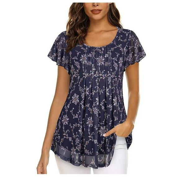 JINMGG Plus Womens Tops ,Women's Fashion Short Sleeve Retro Round Neck Printed Loose Tops Blouse