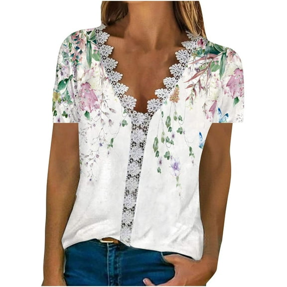JINMGG Plus Womens Tops ,Women's Fashion T-Shirt Floral Printed Lace Three Short Sleeve Blouse V-Neck Casual Tops