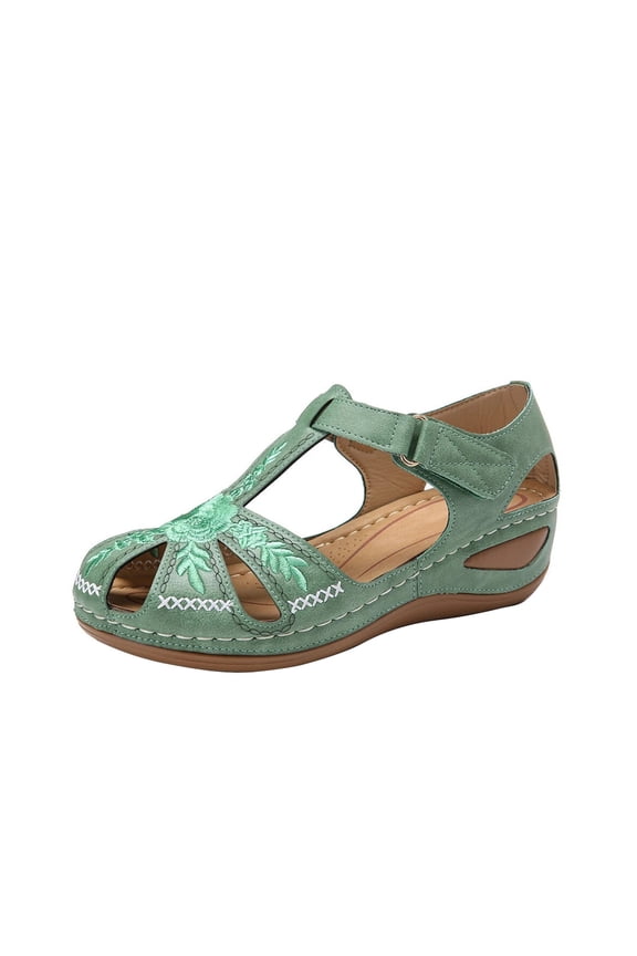 JINMGG Sandals for Women Plus Clearance Summer New Hollow Embroidered Wedges with Thick Sole Toe Cap Buckle Women's Sandals Green 42