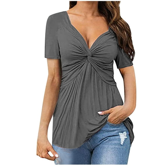 JINMGG Short Sleeve Womens Tops Clearance Summer Women's Casual V-neck Bow Sexy Short-sleeved T-Shirt Top Gray L