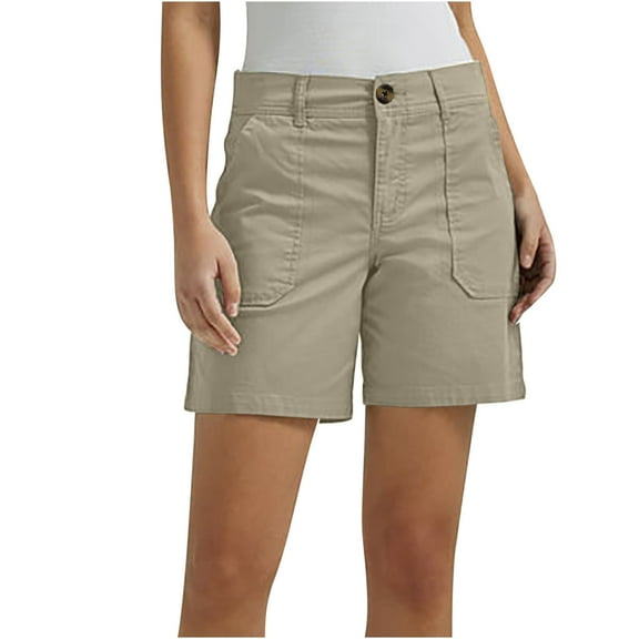 JINMGG Shorts for Women Clearance $5 Fashion Women Solid Casual Button High Waist Pockets Short Pants Khaki XXXL