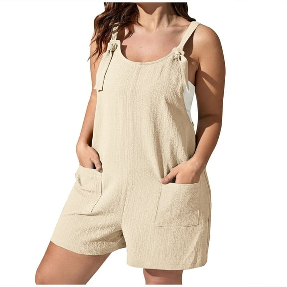 JINMGG Shorts for Women Clearance $5 Plus Size Womens Fashion Summer Solid Casual Sleeveless Suspender Short Jumpsuit Beige XXXXL