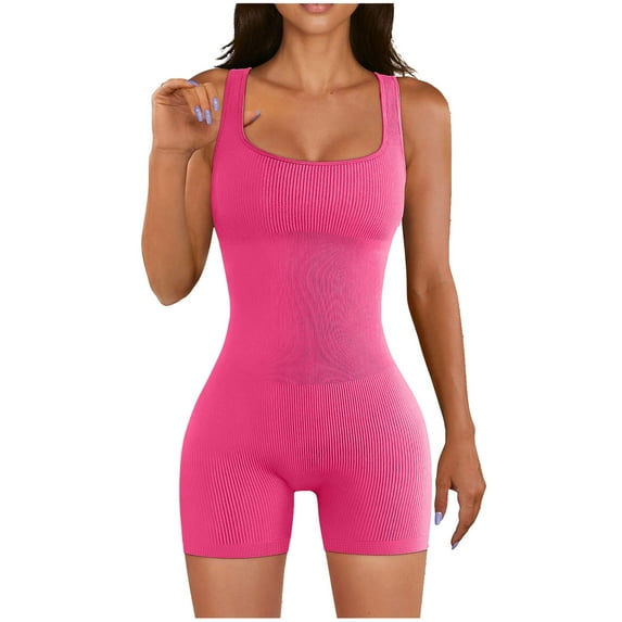 JINMGG Shorts for Women Clearance $5 Spring and Summer Solid Tight Waistband Sleeveless Square Neck Short Jumpsuit Hot Pink XL