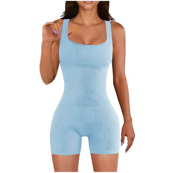 JINMGG Shorts for Women Clearance $5 Spring and Summer Solid Tight Waistband Sleeveless Square Neck Short Jumpsuit Light Blue S