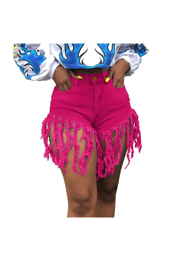 JINMGG Shorts for Women Clearance $5 Women Fashion Slim High Waist Short Jeans Tassel Denim Regular Pants Hot Pink M