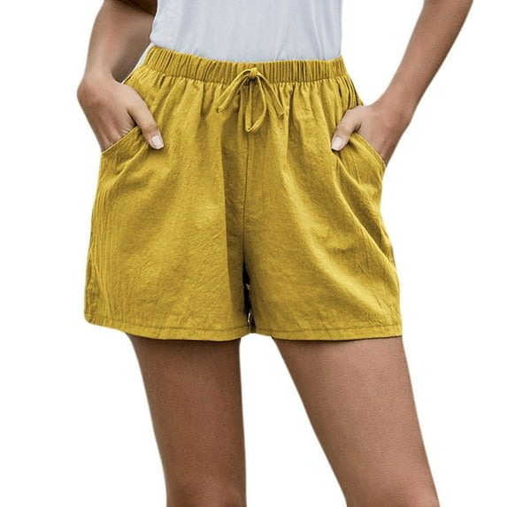 JINMGG Shorts for Women Clearance $5 Women Solid High Waist Cotton and Linen Shorts Pants Casual Beach Shorts Yellow L