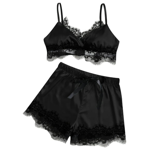 JINMGG Shorts for Women $5 Women Tops Shorts Lace Bowknot Nightdress Camisole Pajamas Underwear Set Black L