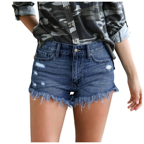 JINMGG Shorts for Women Clearance $5 Women's Stretchy Denim High-Waist Shorts Frayed Ripped Shorts with Pockets Pants Blue M