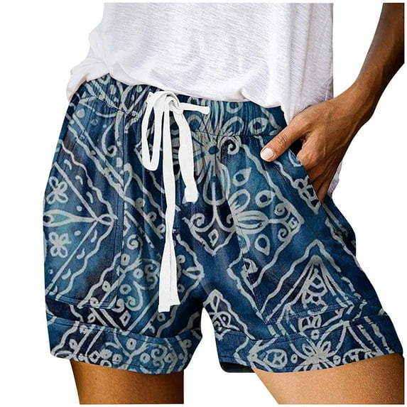 JINMGG Shorts for Women Clearance $5 Women's Summer New High Waist Lace Up Loose Digital Printing Casual Shorts Hot Pants Blue L