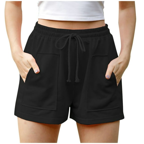 JINMGG Shorts for Women Clearance $5 Womens Plus Size Drawstring Casual Elastic Waist Pocket Loose Solid Shorts Pants Black M