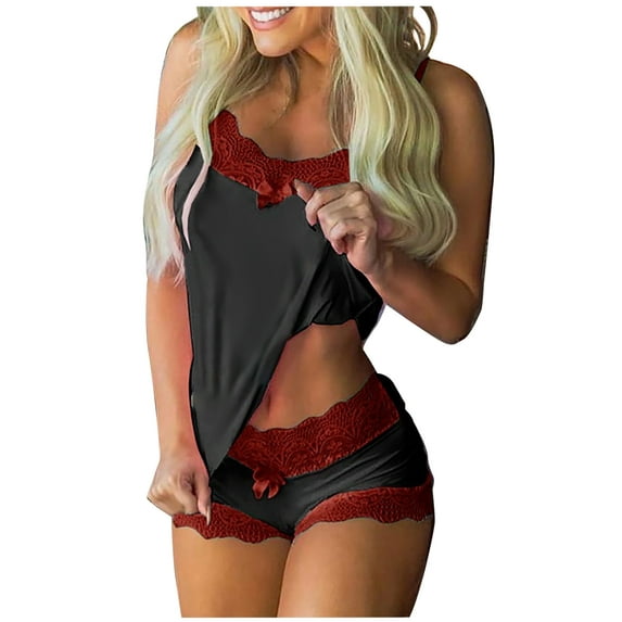 JINMGG Shorts for Women $5 Womens Printing Lace Sling Sleeveless Tank Tops Splicing Shorts Casual Set Wine XL