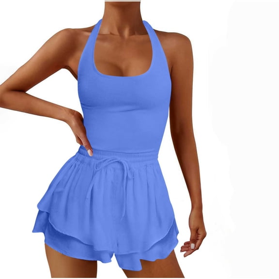 JINMGG Shorts for Women $5 Womens Workout Romper Outfits Sleeveless Running Onesie Open Back Exercise Waisted Yoga Jumpsuits Blue L