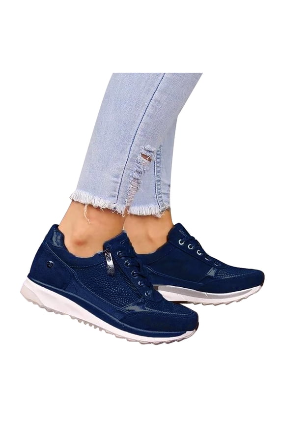 JINMGG Sneakers for Women Plus Clearance Fashion Women Casual Pumps Thick Bottom Hot Drilling Zipper Lacing Sports Shoes Blue 38