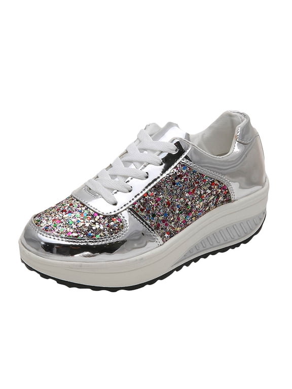 JINMGG Sneakers for Women Plus Clearance New Sequined Women's Shoes foreign Trade Plus Size Fashion Sports Casual Shoes Silver 40