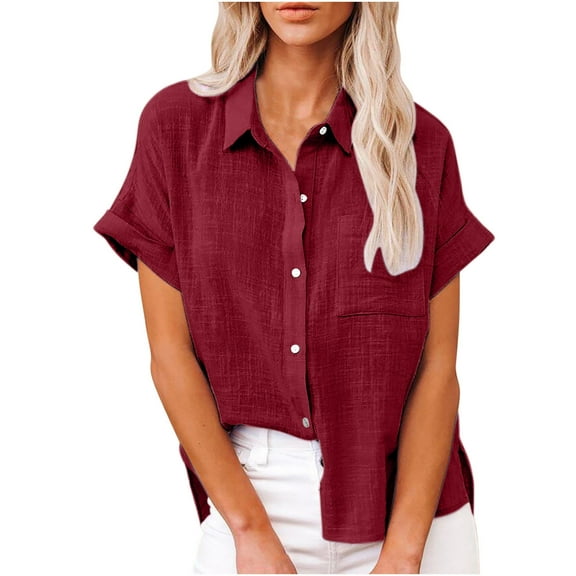 JINMGG Womens Tops under $5 Women's Tops Fashion Solid Button Shirt Female V-Neck Loose T-Shirt Blouse Wine XXXXL