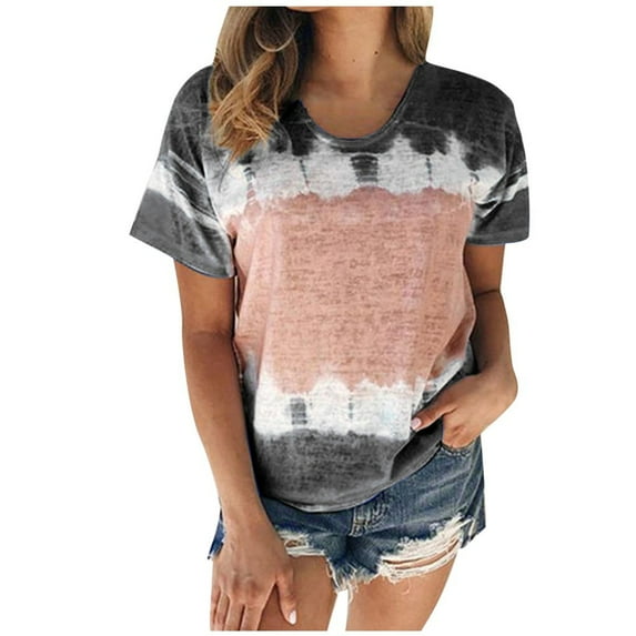 JINMGG Spring Clothes for Women 2024 Women's Color Block Tie- Patchwork Crew-Neck T-Shirt Casual Tee Tops（S-5XL）