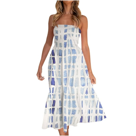 JINMGG Summer Dresses 2024, Dresses for Women 2024 Women Summer Bohemian Solid Color Casual Strapless Party Long Maxi Dress Light Blue M