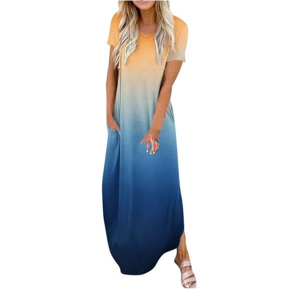 JINMGG Summer Dresses 2024, Dresses for Women 2024 Women's Dresses Summer Casual Rounk Neck Short Sleeve Pockets Printing Long Dress Navy XXL