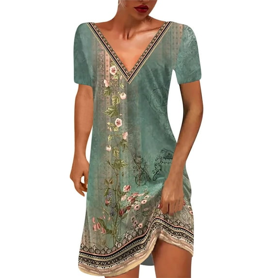 JINMGG Summer Dresses 2024, Dresses for Women 2024 Women's Fashion V-Neck Short Sleeved Printed Pullover Dress Green XXXL