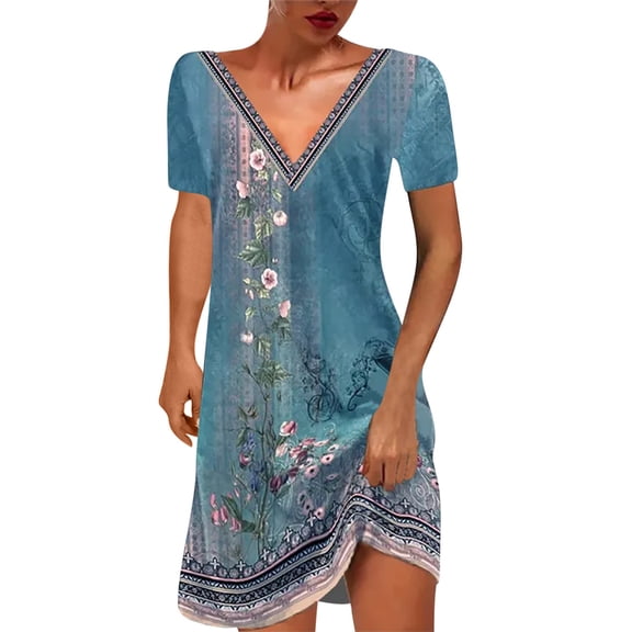 JINMGG Summer Dresses 2024, Dresses for Women 2024 Women's Fashion V-Neck Short Sleeved Printed Pullover Dress Sky Blue XXL
