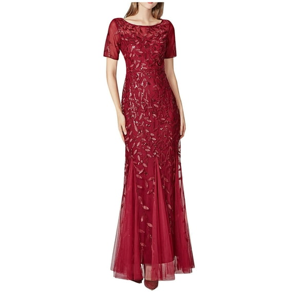 JINMGG Summer Dresses 2024, Dresses for Women 2024 Women's Short Sleeve Round Neck Solid Color Long Dress Skirt Dress Slim Evening Dress Red L