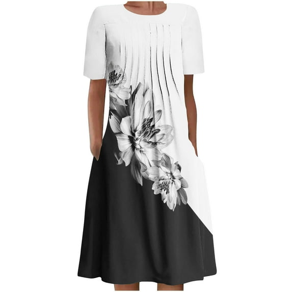 JINMGG Summer Dresses 2024, Dresses for Women 2024 Women's Summer Bohemian Print Short Sleeve Beach Dress Knee Length Dress Black M