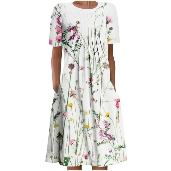 JINMGG Summer Dresses 2024, Dresses for Women 2024 Women's Summer Bohemian Print Short Sleeve Beach Dress Knee Length Dress White XL