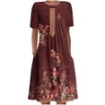 thumbnail image 1 of JINMGG Summer Dresses 2024, Dresses for Women 2024 Women's Summer Bohemian Print Short Sleeve Beach Dress Knee Length Dress Wine S, 1 of 5