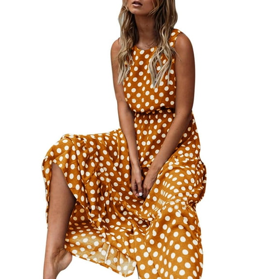 JINMGG Summer Dresses for Women under $10,Women Dot Printing Sleeveless O Neck Long Dress Evening Party Dress