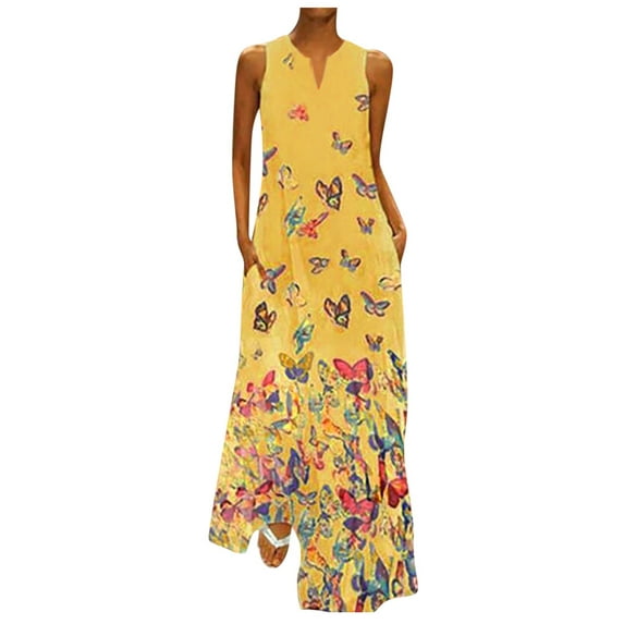 JINMGG Summer Dresses for Women under $10,Women Plus Size Butterfly Print Daily Sleeveless Vintage Boho V Neck Maxi Dress
