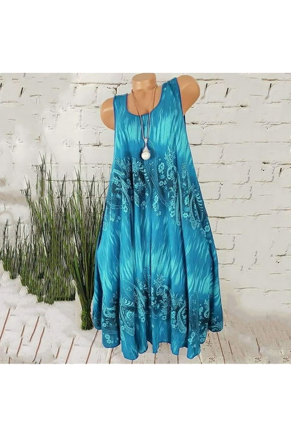 Dresses for Women 2024 ,Women's Fashion Summer Round Neck Casual Sleeveless Ladies Printed Dress