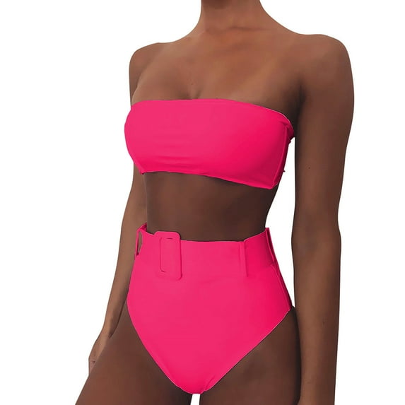 JINMGG Summer Womens Plus Size Clearance Women Solid Buckle Bikini Push-Up Padded High Waist Swimwear Swimsuit Set Hot Pink S