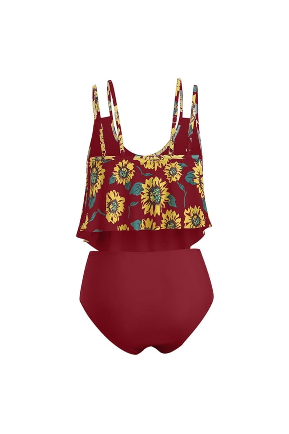 JINMGG Summer Womens Plus Size Clearance Women's High Breast Contrast Sunflower Print Split Bikini Set Two Piece Swimsuit Sets Wine XXL