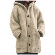 OMEXRY JINMGG Sweaters for Women Cardigan for Women,Women's Thickened Medium Long Sweater Hooded Cardigan Solid Color Coat Sweater Coat
