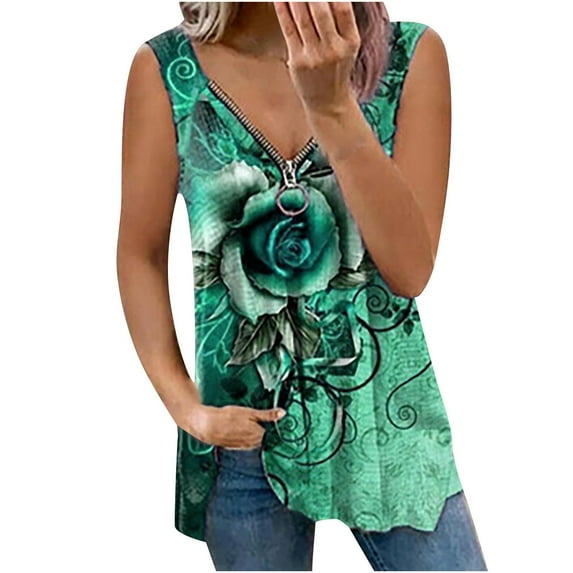 JINMGG Tank Tops for Women under $5,Fashion Women Summer Print V-Neck T-Shirt Sleeveless Tops Casual Blouse Green S