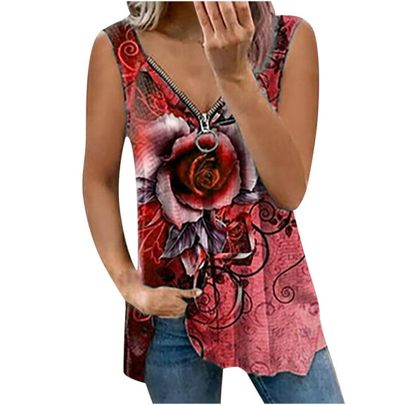JINMGG Tank Tops for Women under $5,Fashion Women Summer Print V-Neck T-Shirt Sleeveless Tops Casual Blouse Red S