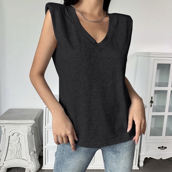 JINMGG Tank Tops for Women under $5,Ladies Fashion Solid Sleeveless V-neck T-Shirt with Shoulder Pad Loose Vest Black L