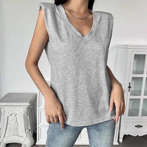 JINMGG Tank Tops for Women under $5,Ladies Fashion Solid Sleeveless V-neck T-Shirt with Shoulder Pad Loose Vest Gray S