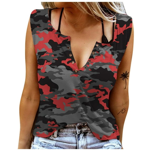 JINMGG Tank Tops for Women under $5,Women V-Neck Sleeveless Camouflage Printing Casual Blouse Tunics Shirts Tops Tee Red S