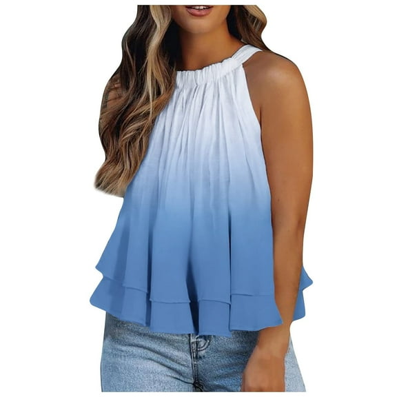 JINMGG Tank Tops for Women under $5,Women's Halter Neck Tank Tops Floral Sleeveless Shirt Pleated Casual Camisole Blue S